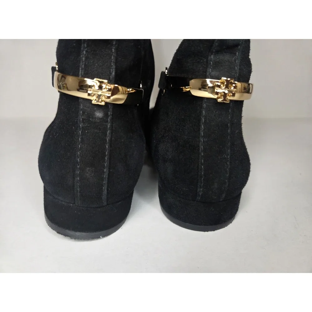 Tory Burch Black Suede Riding Boots Gold Logo Hardware Women's Size 8M Knee High